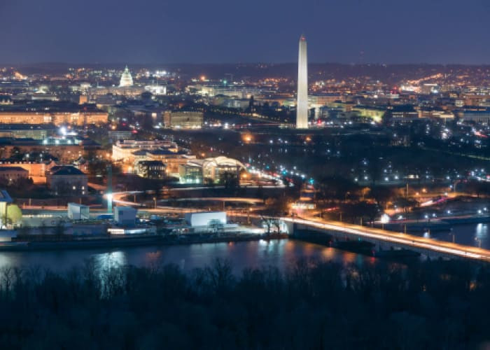 aerial view of washington dc at night