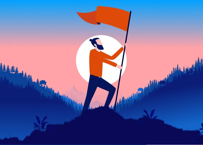 personal motivation casual young man raising motivational flag